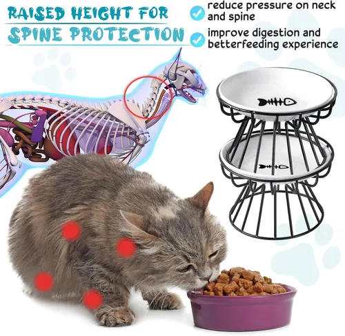 Vista 5 de Roshtia 4 juegos de cuencos elevados de cerámica para gatos con soporte de metal, platos aptos para lavavajillas, platos elevados antideslizantes
