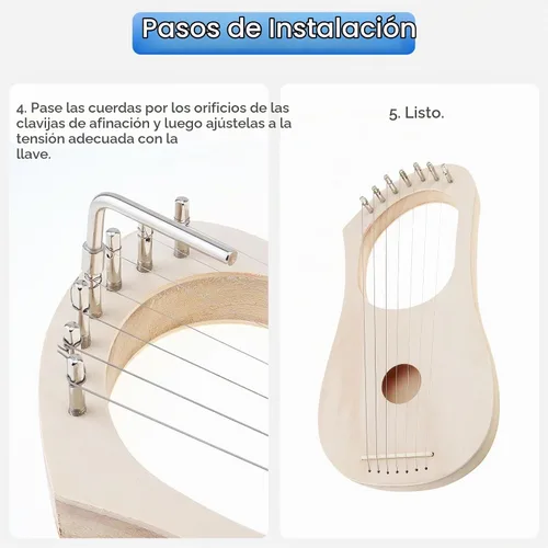 Vista 4 de Kit de 7 cuerdas de arpa de liria, haz tu propia madera de bajo, arpa de lira de madera con poste de cuerda afinación