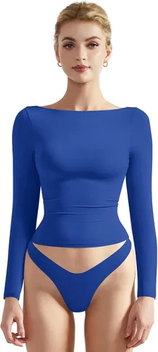 Vista 16 de SUUKSESS Camiseta de mujer con cuello redondo, manga larga, doblemente forrada, ajustada y corta