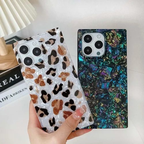 Vista 2 de Elegante Funda con Concha de Madre Perla para Niña Compatible con iPhone 14 de 6.1 Pulgadas, Funda Rectángulo con Borde, Elegante y delgada