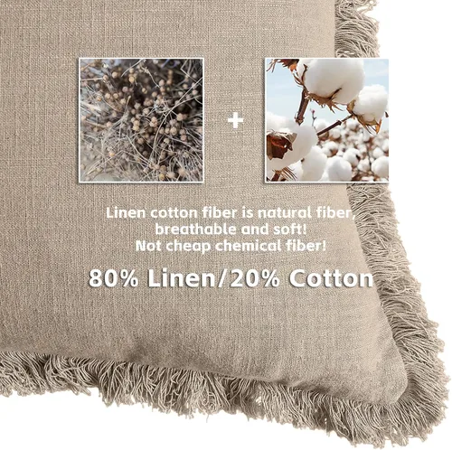 Vista 2 de Paquete de 2 fundas de almohada de lino con borlas con flecos decorativas rústicas naturales para cojín de sofá, sofá, dormitorio 16 x 16 pulgadas