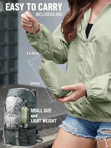 Vista 6 de PITINAN Chaqueta impermeable ligera para mujer, rompevientos con capucha, plegable, para mujer, para exteriores, con bolsillos