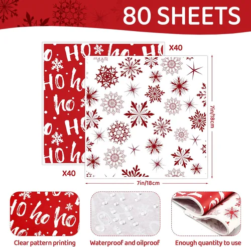Vista 2 de Fumete 80 piezas de hojas de papel encerado de Navidad para alimentos, papel encerado con copos de nieve, papel encerado Hoho, envoltorios a granel