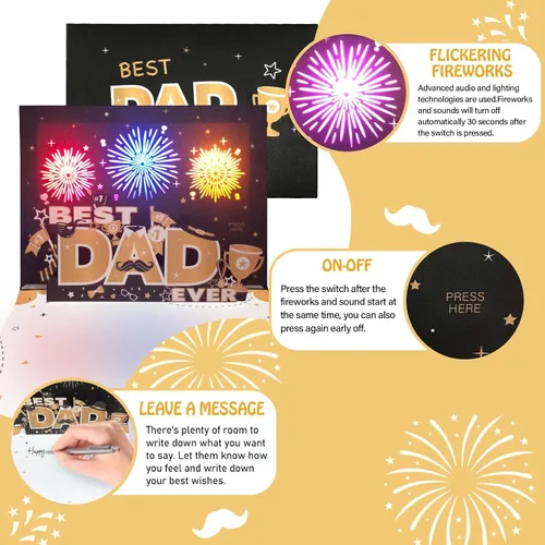 Vista 2 de Tarjeta emergente 3D para el día del padre, luces y música, mejor tarjeta de papá del mundo, tarjetas del día del padre, regalo del día del padre