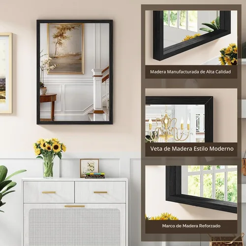 Vista 3 de Syndra Espejo de baño con marco de madera negra, 22 x 30 pulgadas, moderno espejo de tocador para pared, marco delgado y profundo impermeable Negro