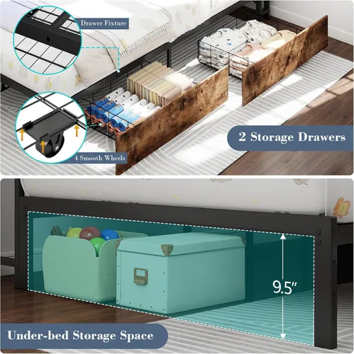 Vista 8 de Doltoro Marco de Cama de Esquina Individual con Estantería de Almacenamiento y Luces LED, Cama Diván Tamaño Individual con 2 Cajones de Gris