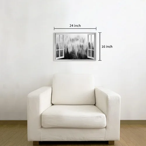 Vista 6 de Arte de pared de ventana de pino: sala de estar, dormitorio, vista de bosque brumoso, pintura, impresión de paisaje brumoso, lienzo, baño, moderno