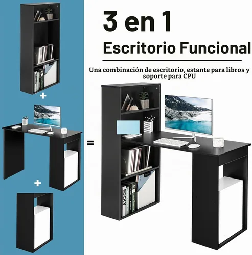 Vista 5 de Tangkula Escritorio para computadora con estantería, escritorio para escritura y estudio con estantes de almacenamiento y soporte para CPU, estación