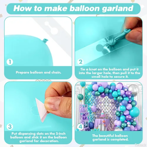 Vista 3 de Kit de arco de globos de sirena, 120 piezas kit de arco de guirnalda de globos azules y morados con globos plateados de aluminio 4D, verde azulado