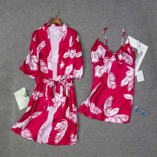 Vista 2 de Zzalalana Conjunto de 2 pijamas de seda para mujer, sexy, con estampado floral, ropa de dormir cómoda