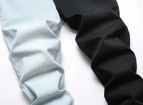 Vista 4 de LONGBIDA Pantalones de mezclilla ajustados para hombre con diseño de retazos elásticos de moda