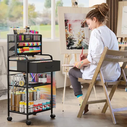 Vista 2 de Homsorout Carrito de arte, carrito rodante de 3 niveles, carrito utilitario con cajón de almacenamiento y ruedas, organizador versátil de arte