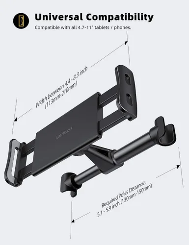 Vista 4 de Lamicall Tablet Car Headrest Mount Holder Quick Install Rotatable Sturdy Negro