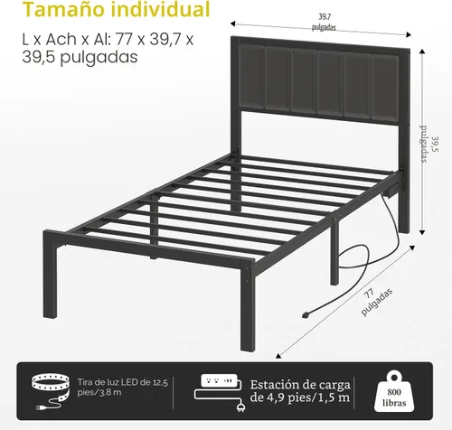 Vista 2 de OLEVS Base de cama individual con cabecero, plataforma de metal, tamaño individual, con estación de carga USB y luces LED, no necesita somier