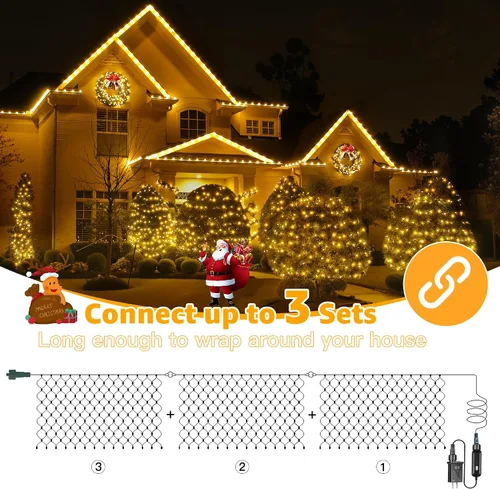 Vista 3 de Ollny Luces de Red para Exteriores Luz de Malla, 210 LED de 10 x 7 pies, cable verde, luces de red de Navidad, IP67 impermeable, 8 modos enchufable