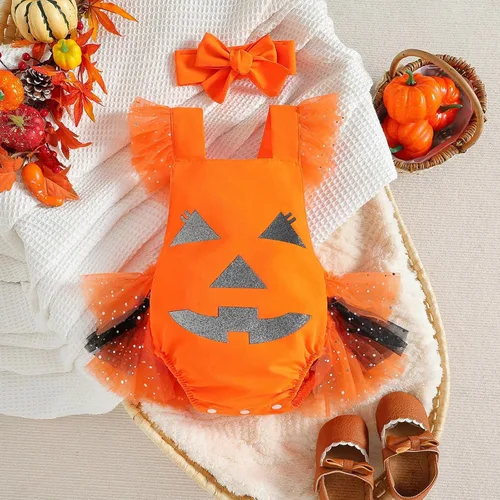 Vista 2 de Disfraz de Halloween para recién nacido, sin mangas, con estampado de calabaza, sin espalda, con capucha, vestido para bebé