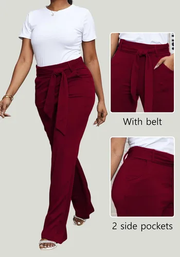 Vista 6 de LKOUS Pantalones de vestir elásticos de cintura alta para mujer, pantalones de pierna ancha, pantalones de trabajo para oficina