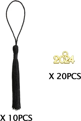 Vista 2 de Tupalizy 10 mini borlas sedosas hechas a mano con 20 dijes del año 2024 para graduación, llavero, aretes, joyería, regalos de boda, recuerdos, Negro