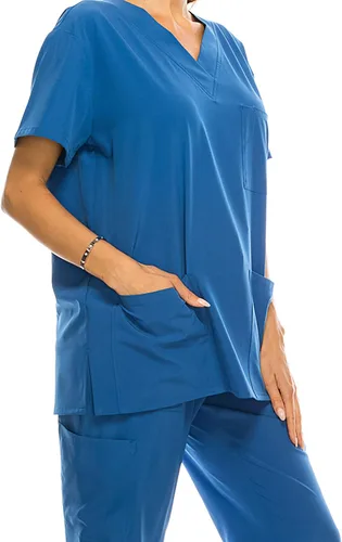 Vista 4 de Conjunto médico de 7 bolsillos con cuello en V para mujer, elástico en 4 direcciones, cómodo, peso ligero