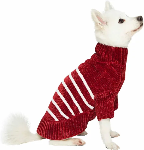 Vista 5 de Blueberry Pet Suéter de Chenilla Suave y Acogedor Elegante a Rayas para Perro en Rojo Borgoña, Longitud de Espalda 10", Paquete de 1 Prenda