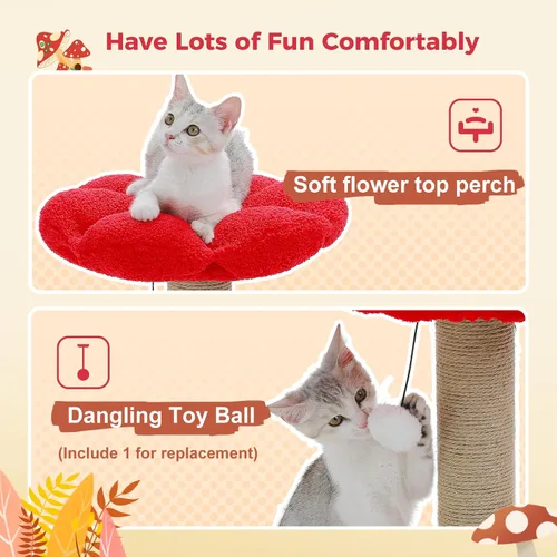Vista 3 de PETEPELA Poste rascador para gatos, rascador para gatos en forma de hongo, bonita torre de árbol para gatos con poste rascador grueso y cama