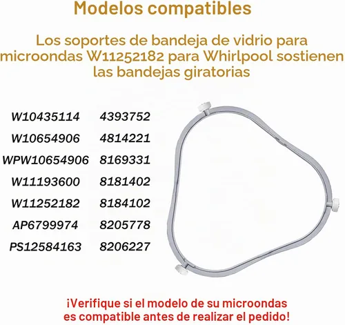 Vista 3 de Anillo de soporte de plato giratorio de microondas W11252182 de 7.48 pulgadas para Whirlpool con rodillos, 8206227 para horno de microondas, bandeja