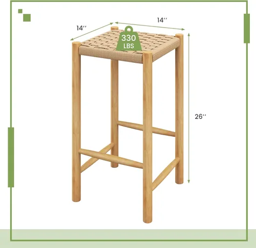 Vista 3 de Giantex Juego de 2 taburetes de bar de madera de altura de mostrador de 26 pulgadas, taburetes de bar de ratán bohemio, carga máxima de 330 libras