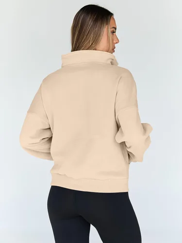 Vista 5 de Trendy Queen - Sudaderas con medio cierrey capucha de gran tamaño, comoda, extragrande, para otoño, Y2K, ropa de invierno, 2024 Albaricoque