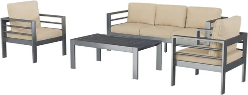 Vista 7 de AECOJOY Juego de muebles de patio de aluminio, muebles modernos de exterior de 5 asientos con mesa auxiliar, 4 piezas de sofá seccional