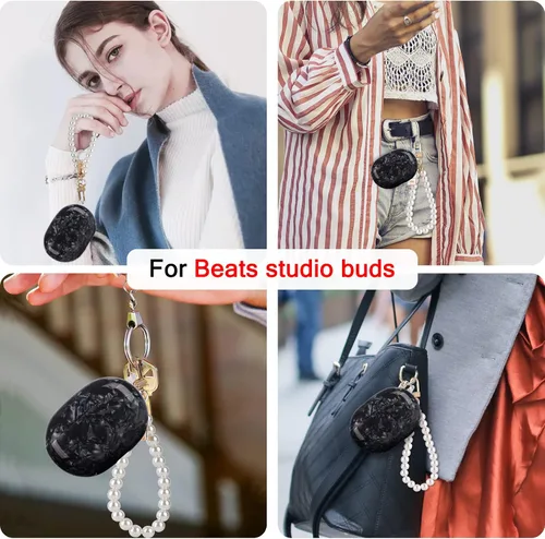 Vista 6 de Diseño de carcasa de mármol con purpurina para Beats Studio Buds con cadena de muñeca de perla, llavero con cubierta protectora de piel brillante