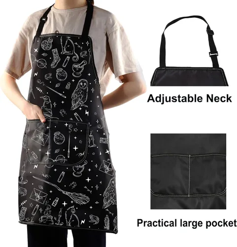 Vista 4 de WZMPA Delantal de cocina de mago mágico con bolsillos, regalo de bruja espeluznante, delantal ajustable gótico mágico para cocinar, hornear a