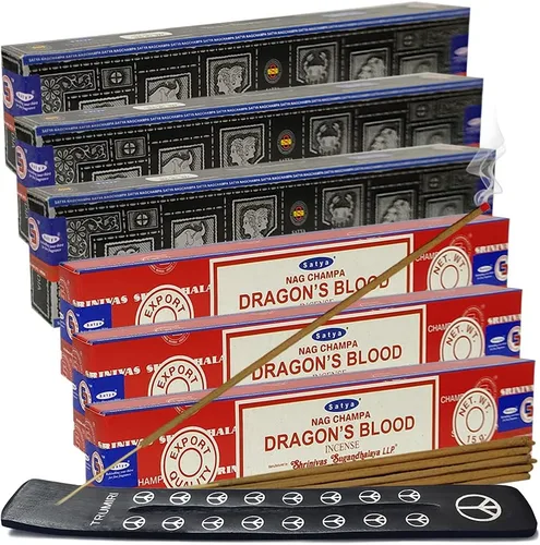 Vista 20 de Varillas de incienso de Sangre de Dragón y Palo Santo con soporte, paquete de variedad de la marca House of Nag Champa y Trumiri