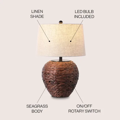Vista 2 de JONATHAN Y JYL6501B Alaro 24.5" lámpara de mesa de estilo granja costera de jacinto de agua LED para recámara, sala de estar, oficina, marrón oscuro