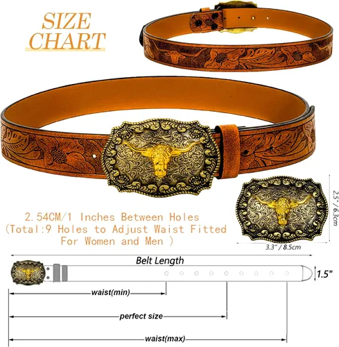 Vista 7 de Rodeo Western-Longhorn-Bull Cowboy-Belt para mujeres y hombres, cinturón de piel sintética con relieve floral para jeans