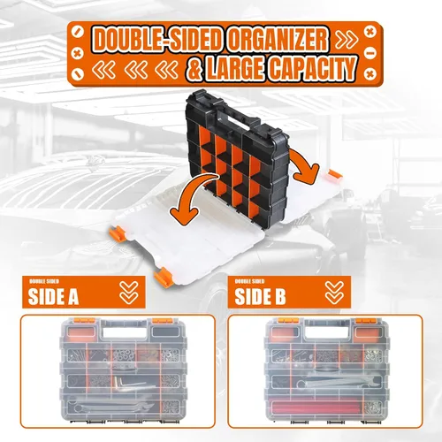 Vista 6 de Caja de herramientas con tapa transparente, caja organizadora de 34 compartimentos de doble cara con divisores extraíbles para herrajes, tornillos