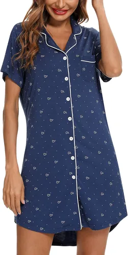 Vista 79 de Samring Camisón de pijama para mujer, manga corta/larga, con botones, camisón para dormir, camisón para novio, talla XXL