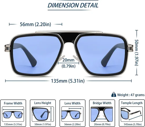 Vista 4 de Freckles Mark Lentes de sol retro de moda para hombres y mujeres, tonos vintage de los años 70, estilo italiano, cuadrados, de metal