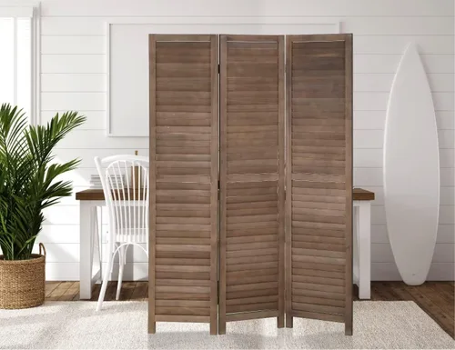 Vista 9 de Divisor de habitación de 3 paneles, pantalla de privacidad plegable de 67 pulgadas de alto con paneles de madera con rejillas, partición Gris
