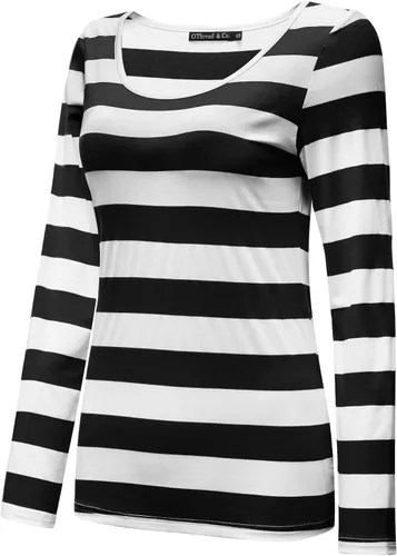 Vista 2 de OThread & Co. Camiseta básica de manga larga a rayas para mujer con cuello redondo