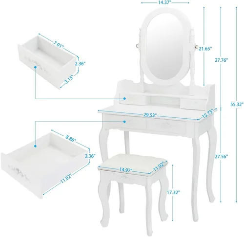 Vista 2 de Juego de mesa de tocador para tocador, mesa de maquillaje de madera, espejo ovalado, mesa de maquillaje para dormitorio con 4 cajones y taburete