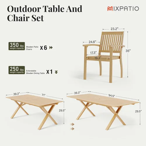 Vista 6 de MIXPATIO Juego de comedor de madera de acacia para exteriores, juego de mesa de comedor y sillas de patio de 7 piezas, mesa de comedor expandible