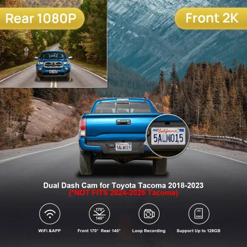 Vista 2 de Fitcamx Cámara de Tablero Delantera 2K y Trasera 1080P se Adapta para Toyota Tacoma 2018 2019 2020 2021 2022 2023 Limited SR5 SR TRD Sport Off-Road