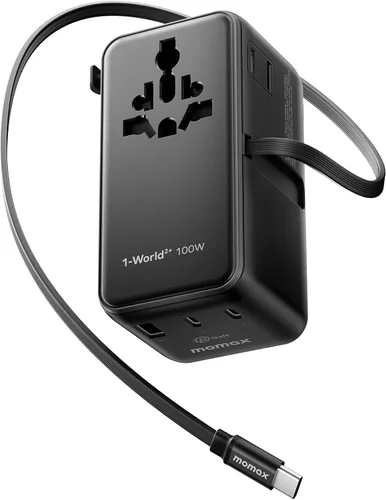 Vista 11 de MOMAX Adaptador de viaje universal de 70 W, adaptador de corriente internacional 6 en 1 con cable retráctil USB-C, adaptador de enchufe de CA dual