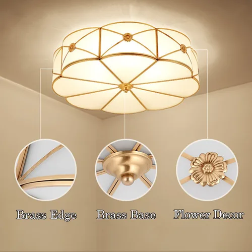 Vista 7 de Lámpara de techo empotrada de latón, lámpara de techo LED con 3 luces en forma de flor, pantalla de vidrio esmerilado, luz moderna cerca de techo