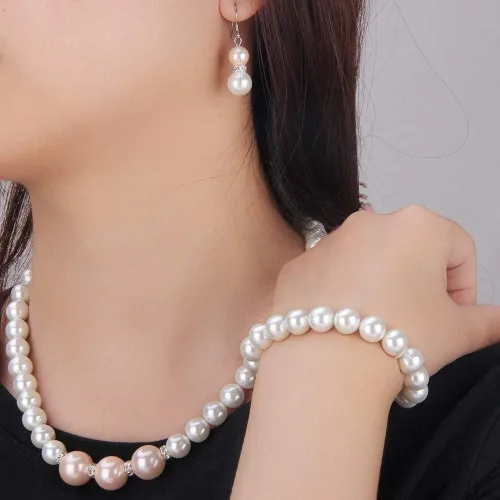Vista 6 de Pink White Shell Pearl Handmade Earrings Necklace Bracelet Jewelry Set for Women