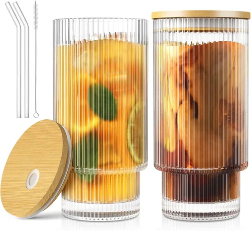 Vista 11 de CWHHRN Vaso de vidrio de 16 oz con tapa y pajita, vajilla vintage acanalada para whisky, cóctel, cerveza, tazas para café helado con tapa, vaso