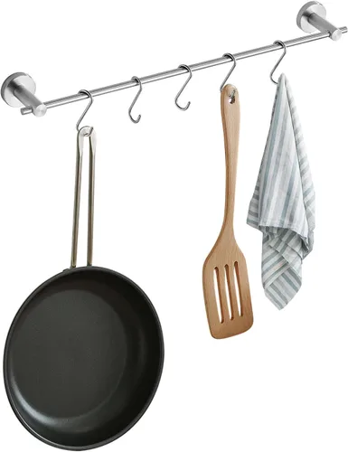 Vista 7 de Toallero de 21.6 pulgadas con 5 ganchos en forma de S, toallero de acero inoxidable negro para baño y baño, montado en la pared, para ollas