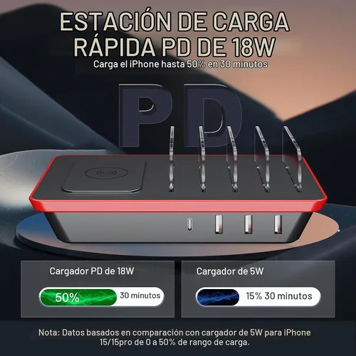 Vista 4 de Estación de carga para múltiples dispositivos, estación de carga de 4 puertos de 85 W con potentes puertos USB C PD de 18 W, cargador inalámbrico QI