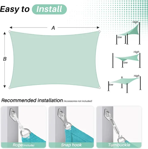 Vista 5 de SunnyRoyal Toldo tipo vela rectangular de 8 x 8 pies, para dar sombra a patios, exteriores, para jardín al aire libre (turquesa)