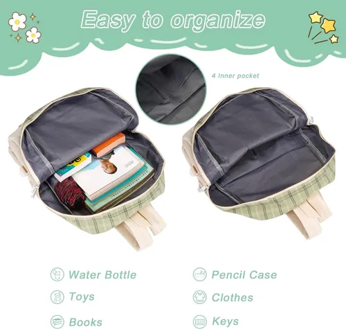 Vista 5 de Juego de 5 mochilas escolares de lona con colgante de oso kawaii, lindos alfileres a cuadros, asa a cuadros, bolsa de hombro